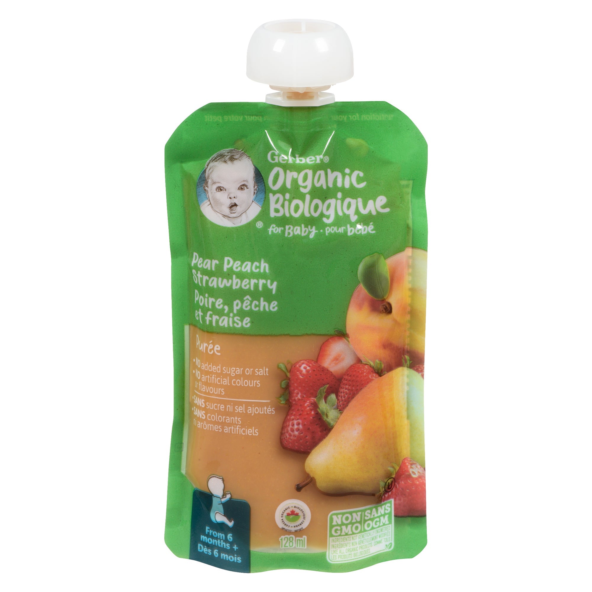 Purée de poire, pèche et fraise biologique Nestlé Gerber, 128 ml