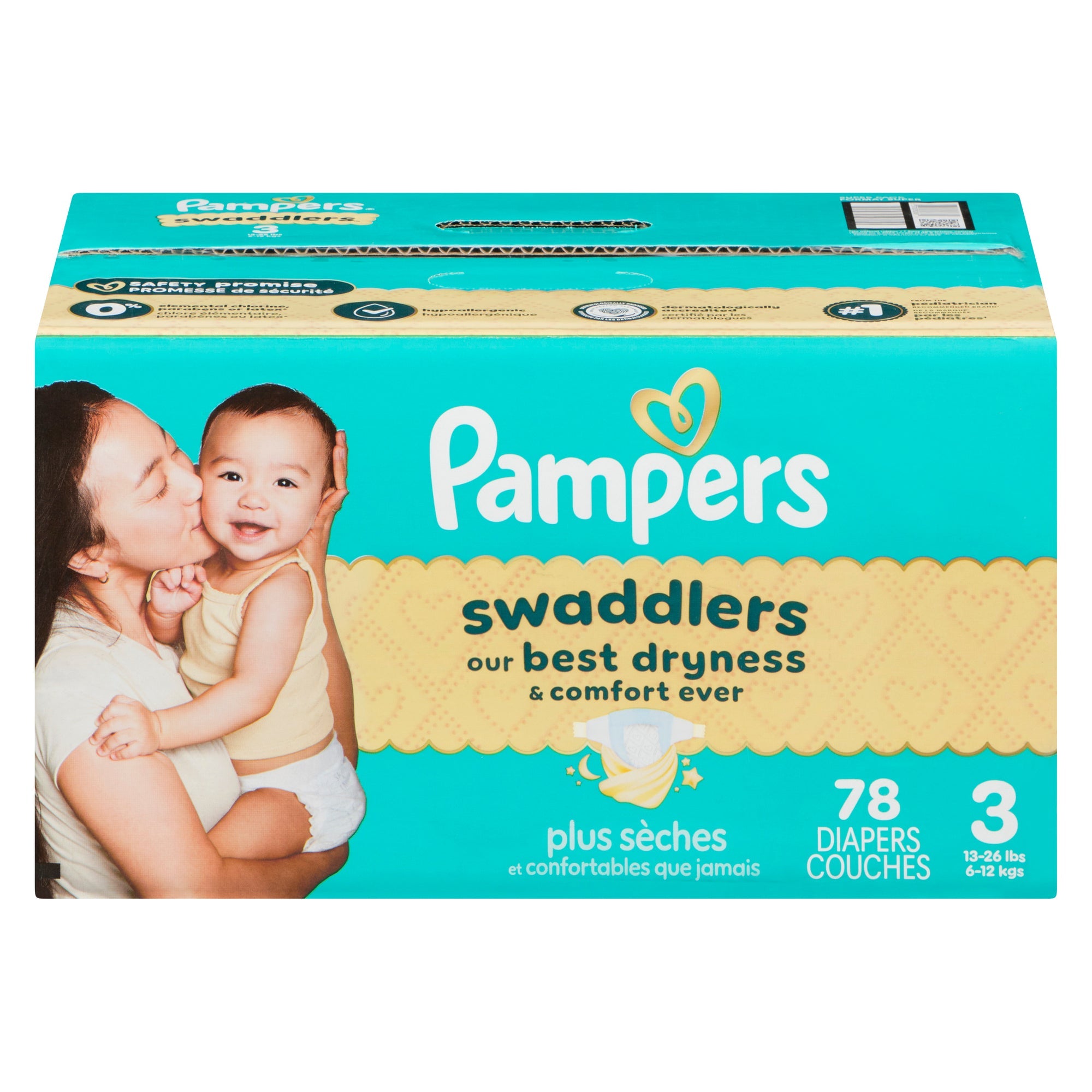 Couches Pampers Swaddlers, taille 3, emballage de 74