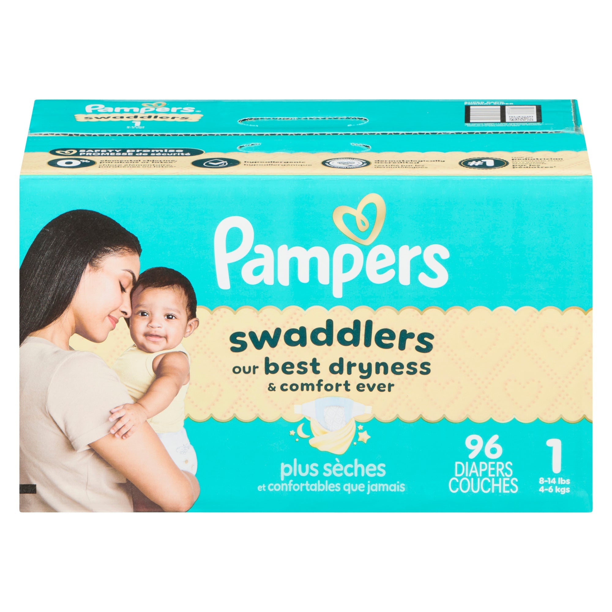 Couches Pampers Swaddlers, taille 1, emballage de 96