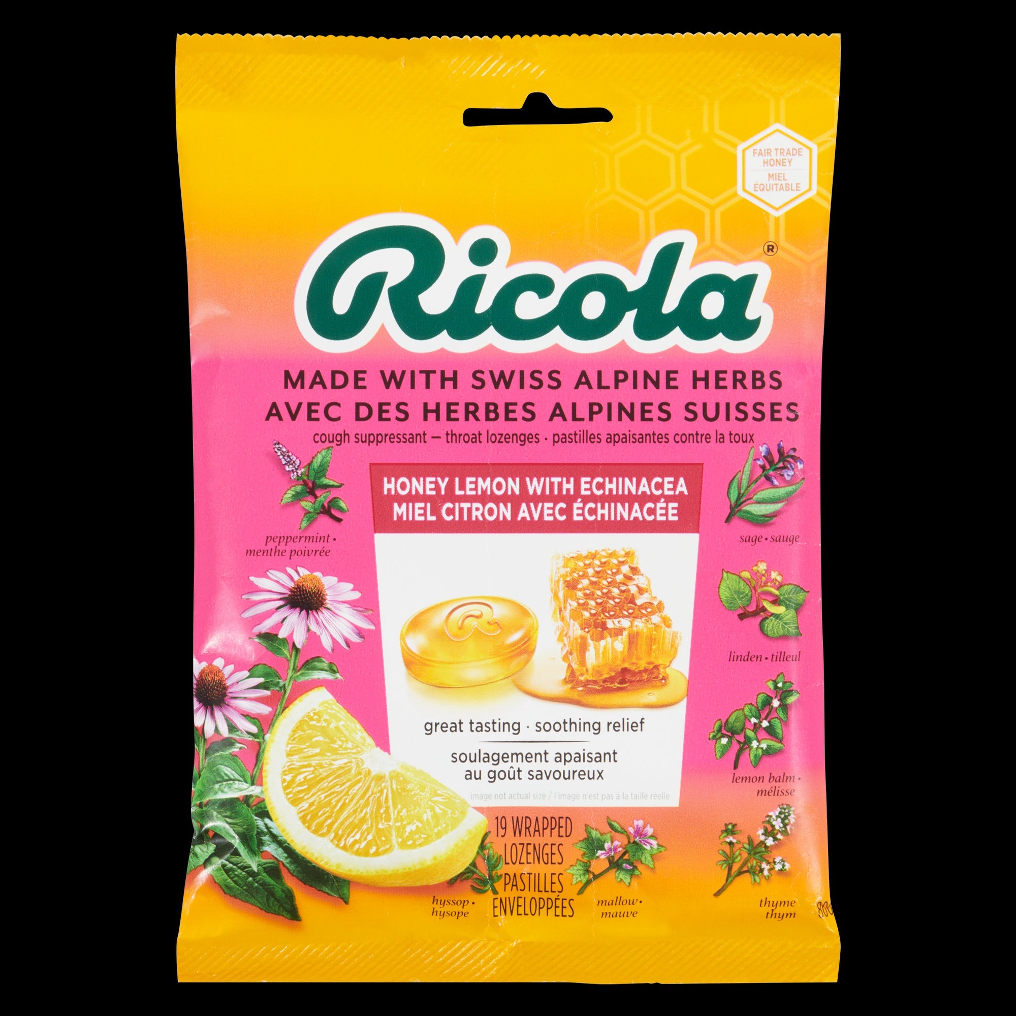 Ricola Cough Suppressant Throat Lozenges Honey Lemon with Echinacea, 19-Pack