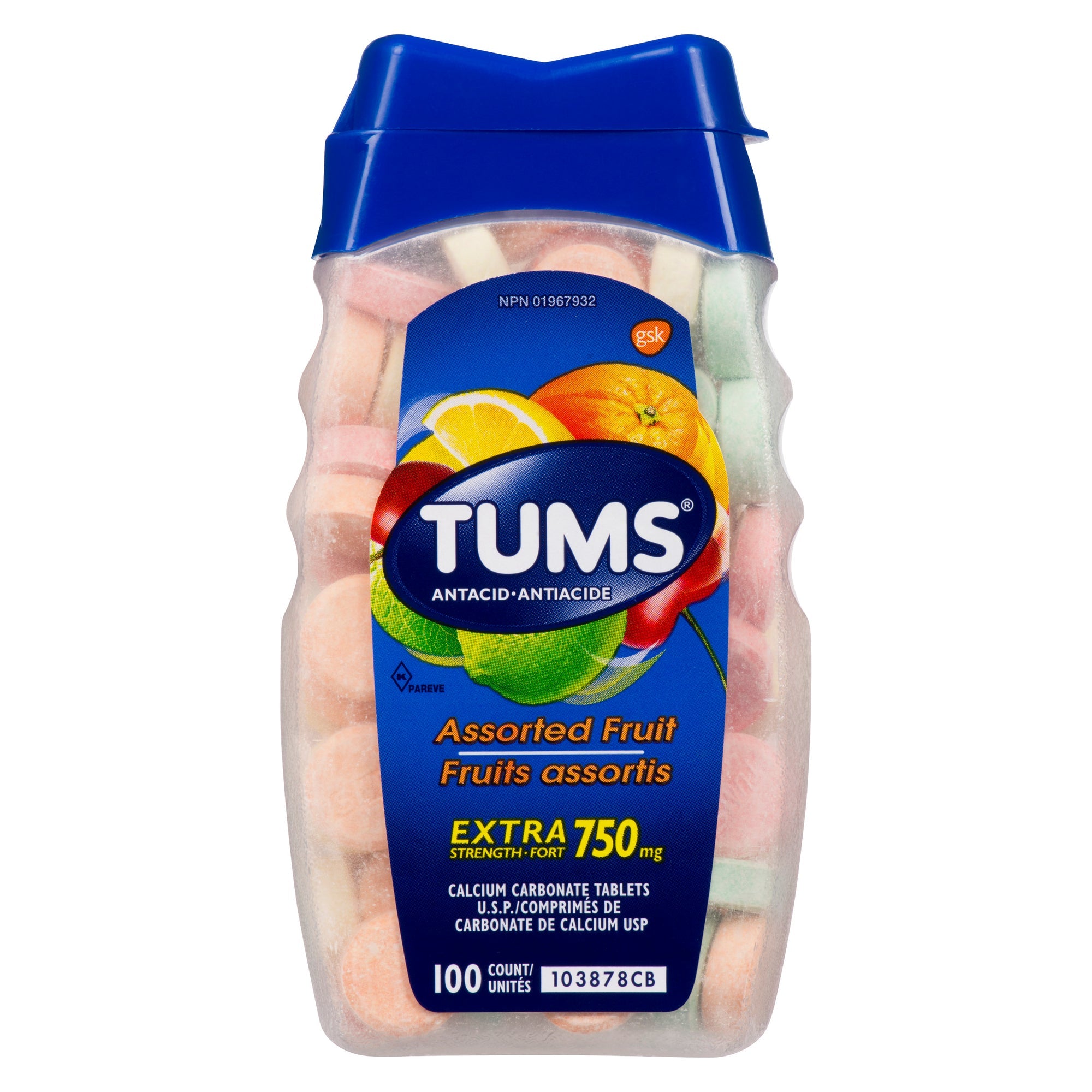 TUMS Extra Strength Assorted Fruit Antacid Tablets, 750mg, 100-Pack