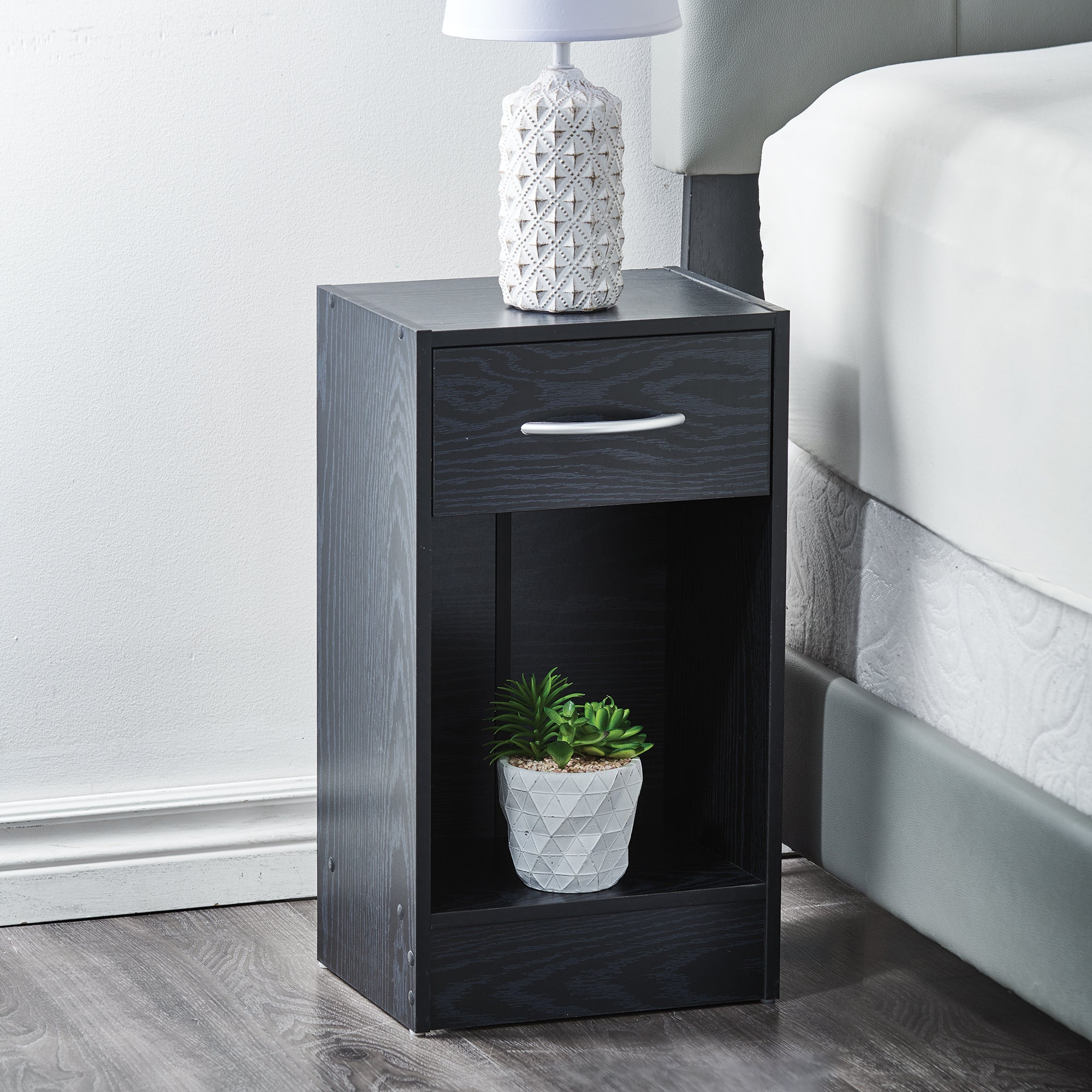 Bedside Table with Bottom Shelf and Drawer, Black, 11.8-in x 9-in