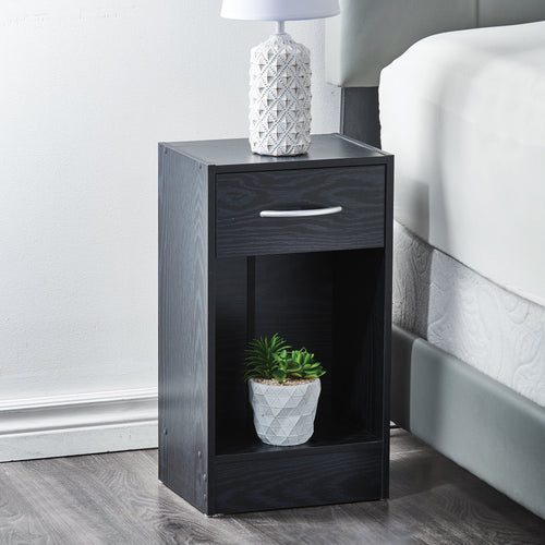 Bedside Table with Bottom Shelf and Drawer, Black, 11.8-in x 9-in