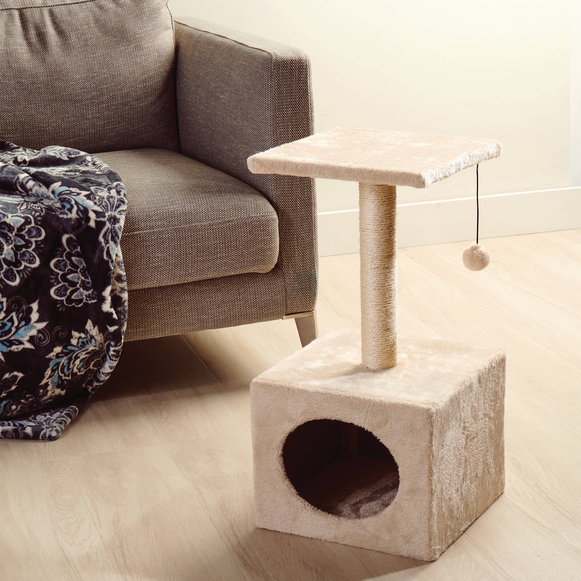 Polyester and Wood Cat Tree with Bottom Fort, 23.6-in, Beige