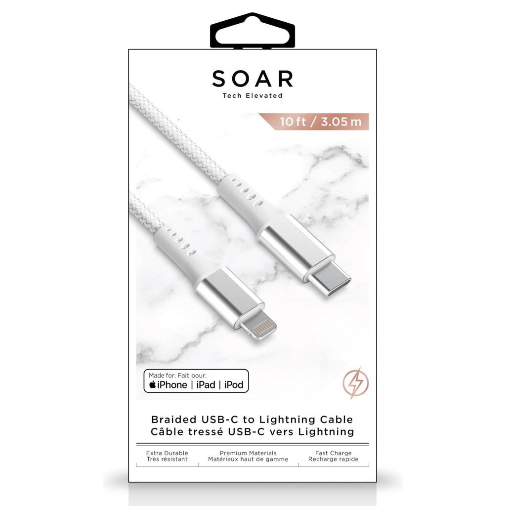 Soar Braided USB-C To Lightning Cable, White, 10-ft.