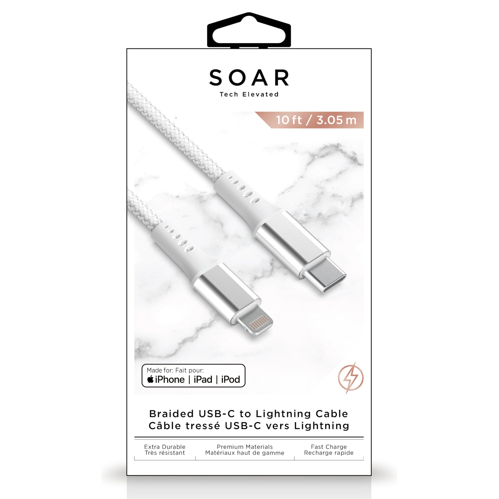 Soar Braided USB-C To Lightning Cable, White, 10-ft.