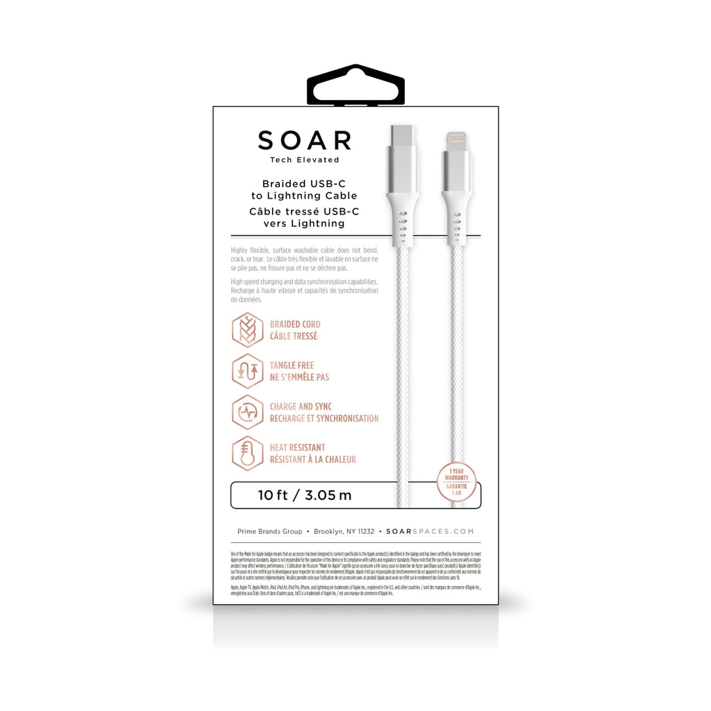 Soar Braided USB-C To Lightning Cable, White, 10-ft.