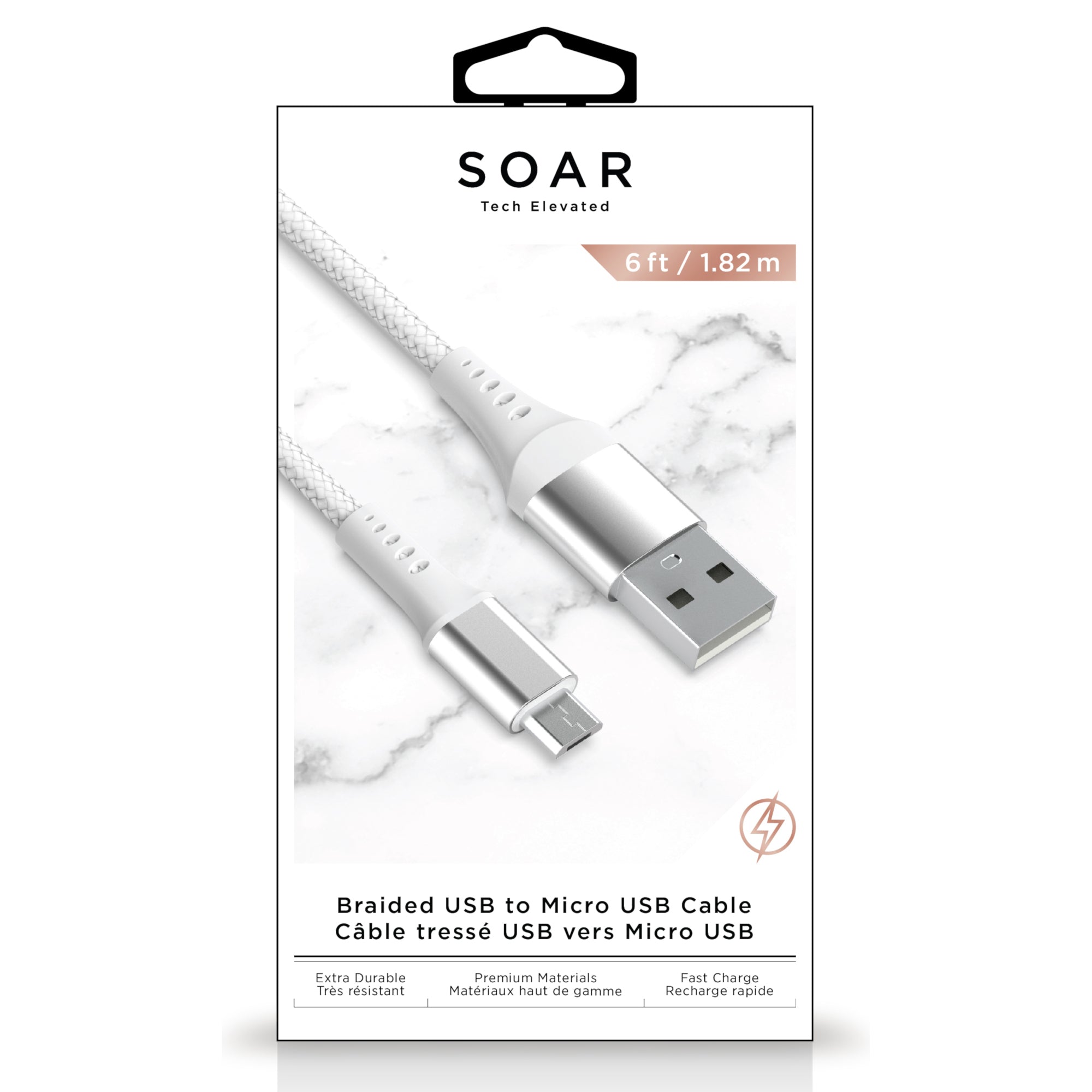 Soar Braided USB to Micro USB Charging Cable, White, 6-ft.