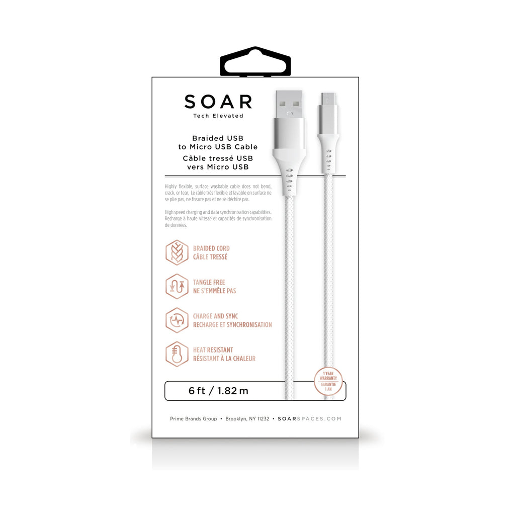 Soar Braided USB to Micro USB Charging Cable, White, 6-ft.