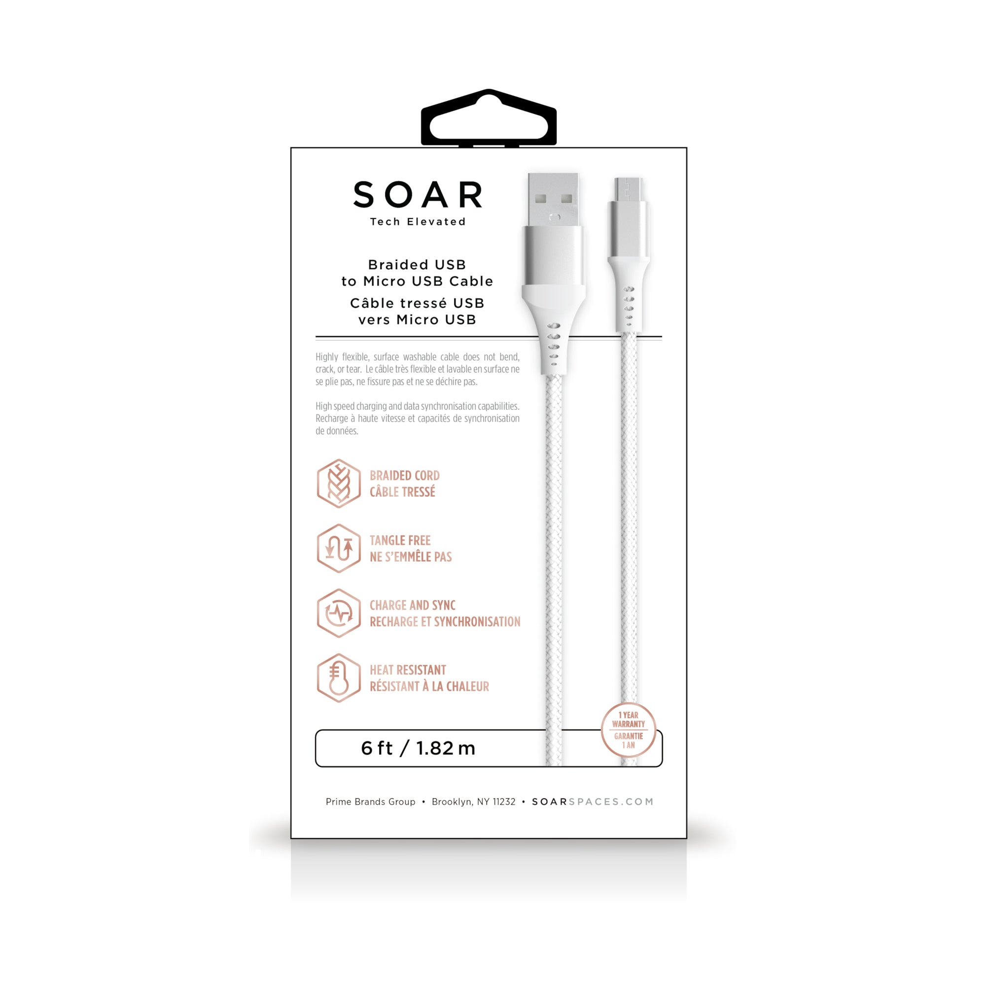 Soar Braided USB to Micro USB Charging Cable, White, 6-ft.