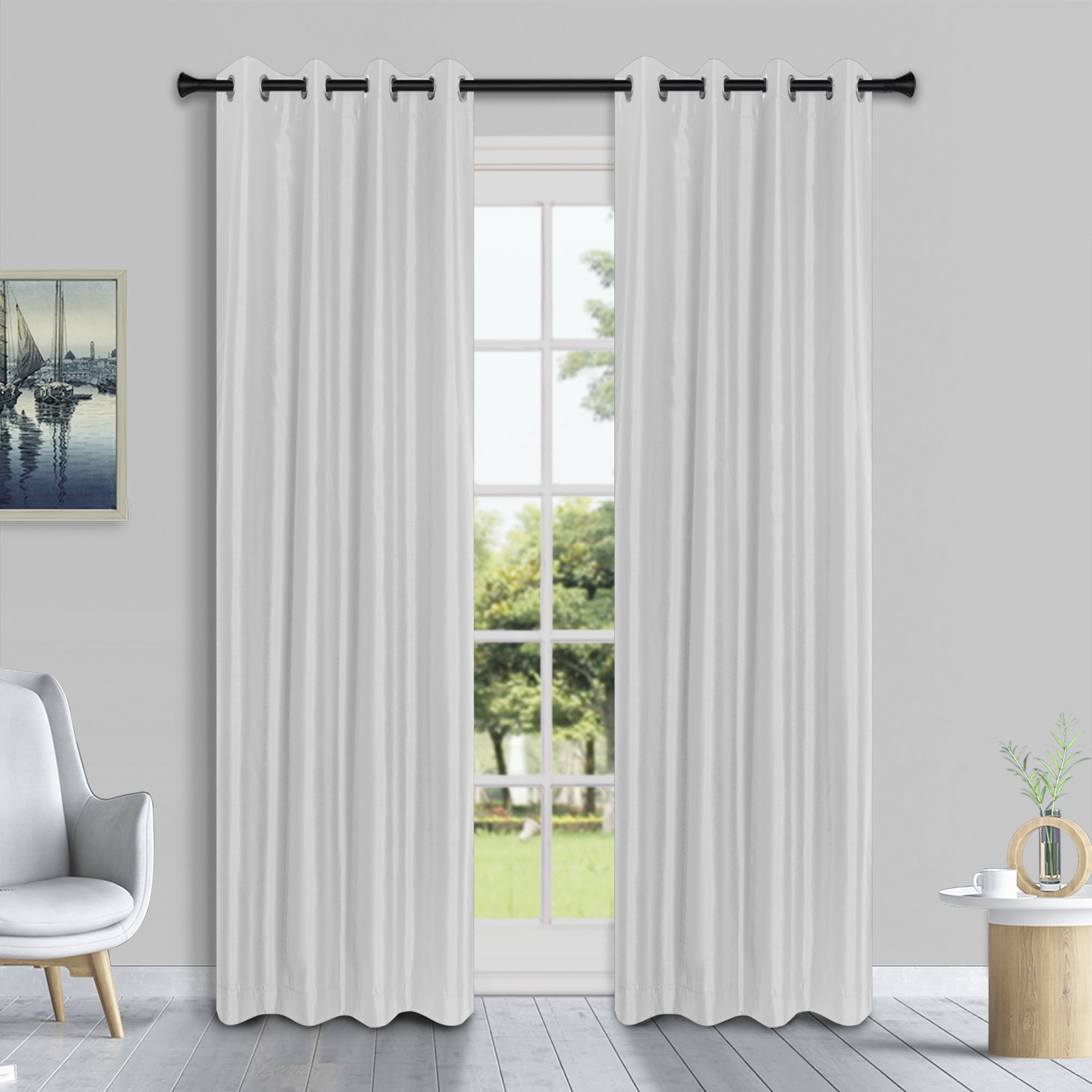 HomeStyles Faux Silk Curtain with Grommets, White, 52-in x 84-in.
