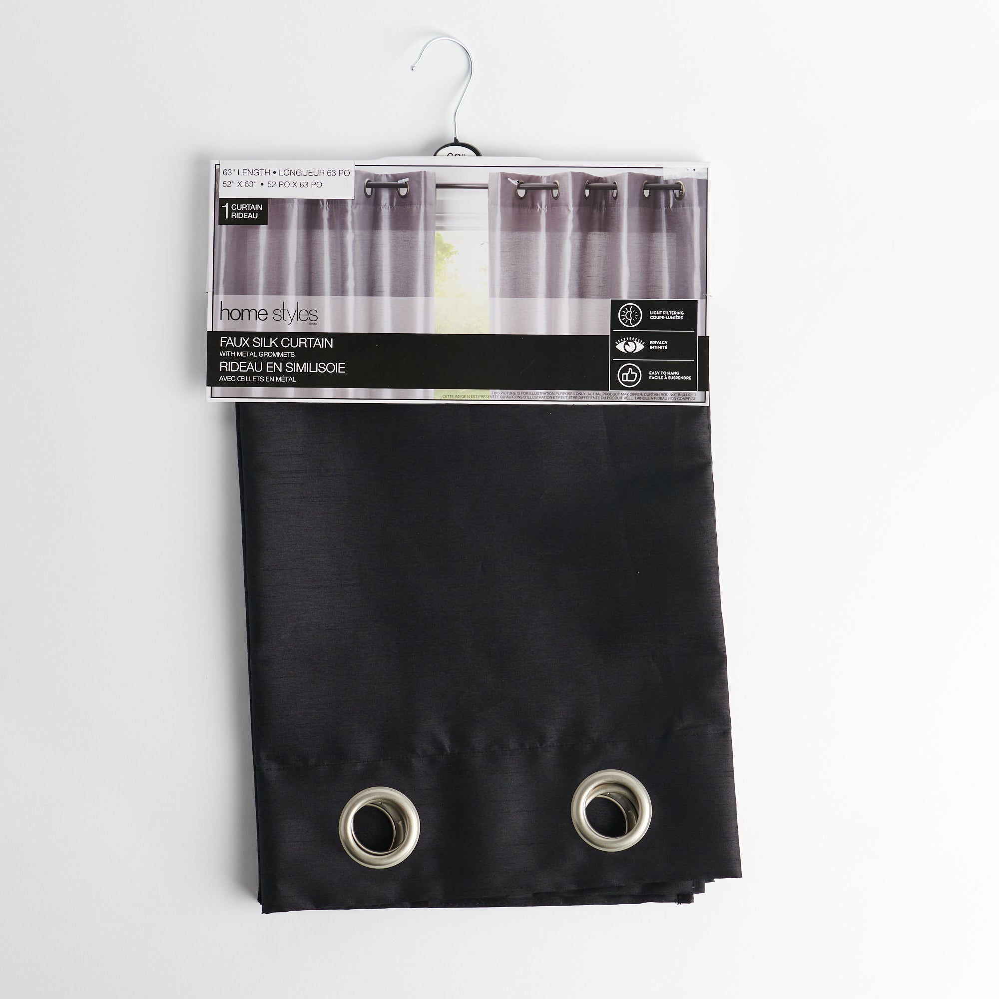 HomeStyles Faux Silk Curtain with Grommets, Black, 52-in x 63-in.