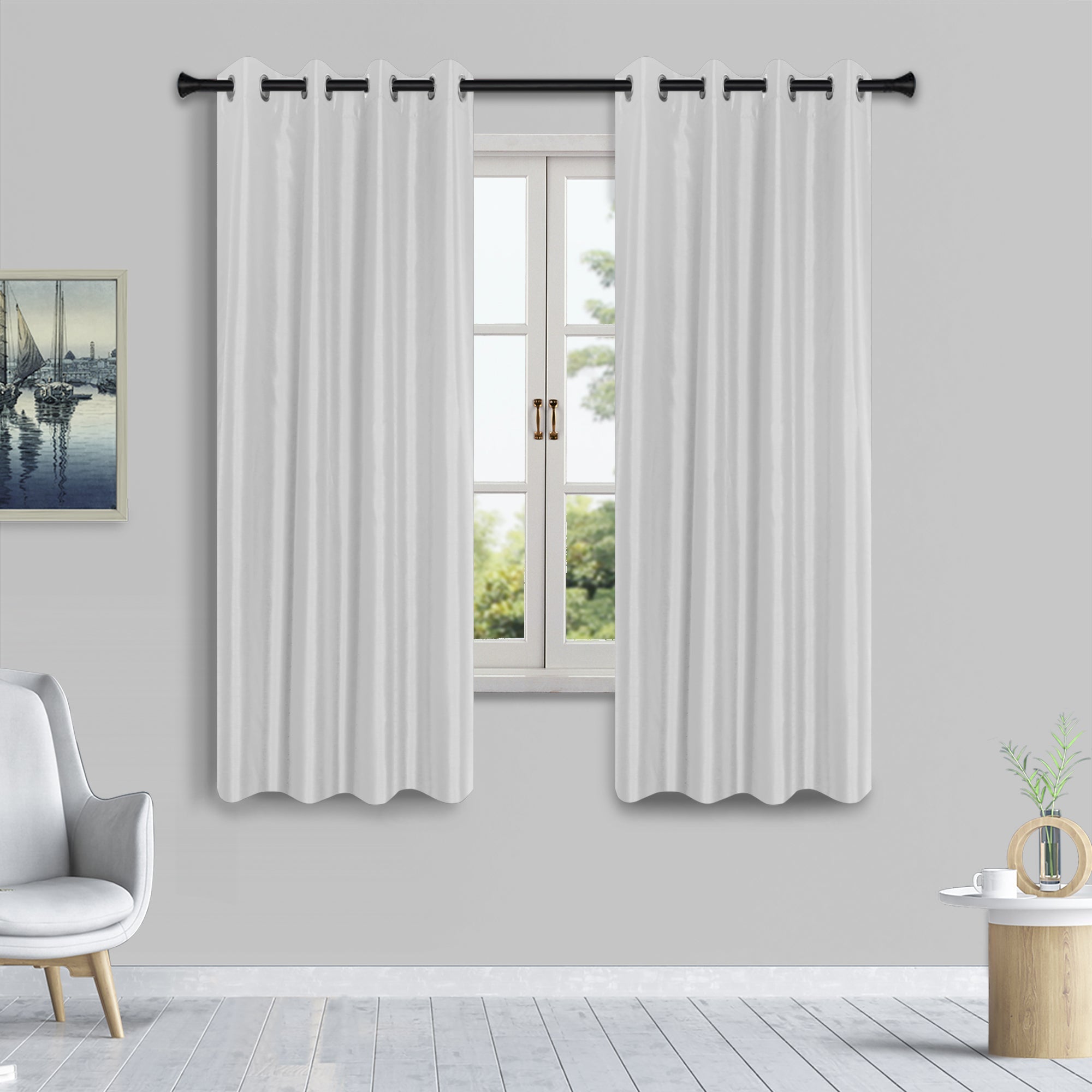 HomeStyles Faux Silk Curtain with Grommets, White, 52-in x 63-in.