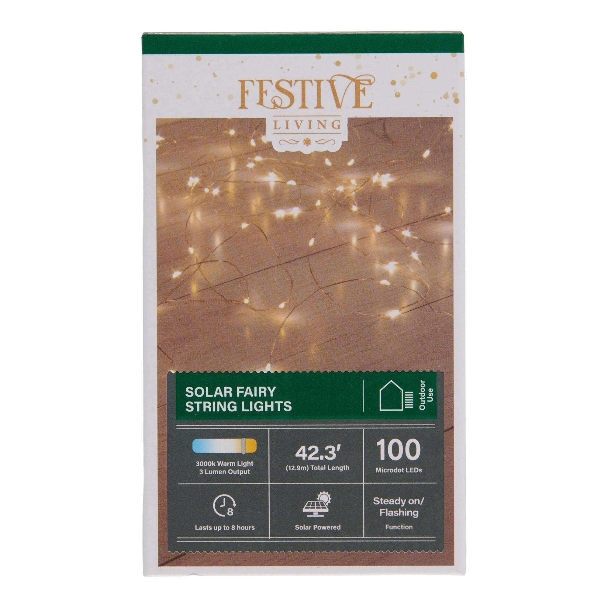 Festive Warm White 100 LED Solar Fairy String Lights, 10-m