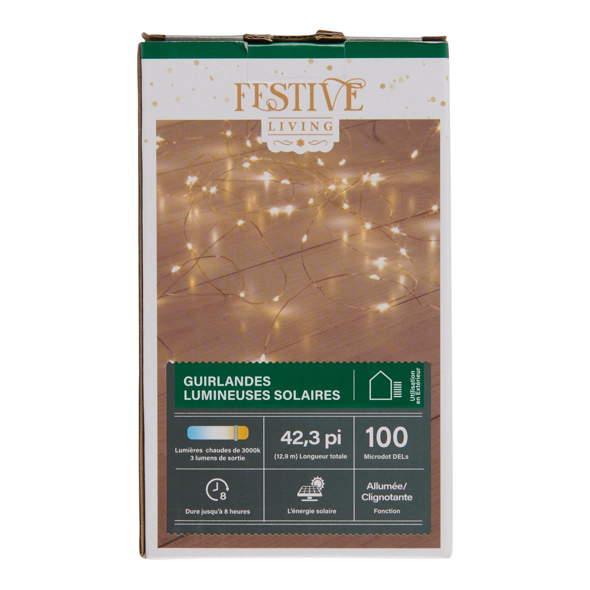 Festive Warm White 100 LED Solar Fairy String Lights, 10-m