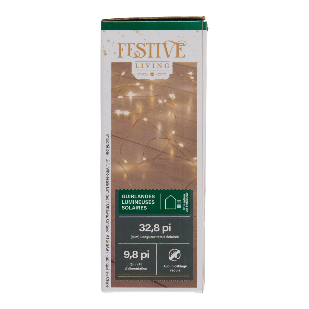 Festive Warm White 100 LED Solar Fairy String Lights, 10-m