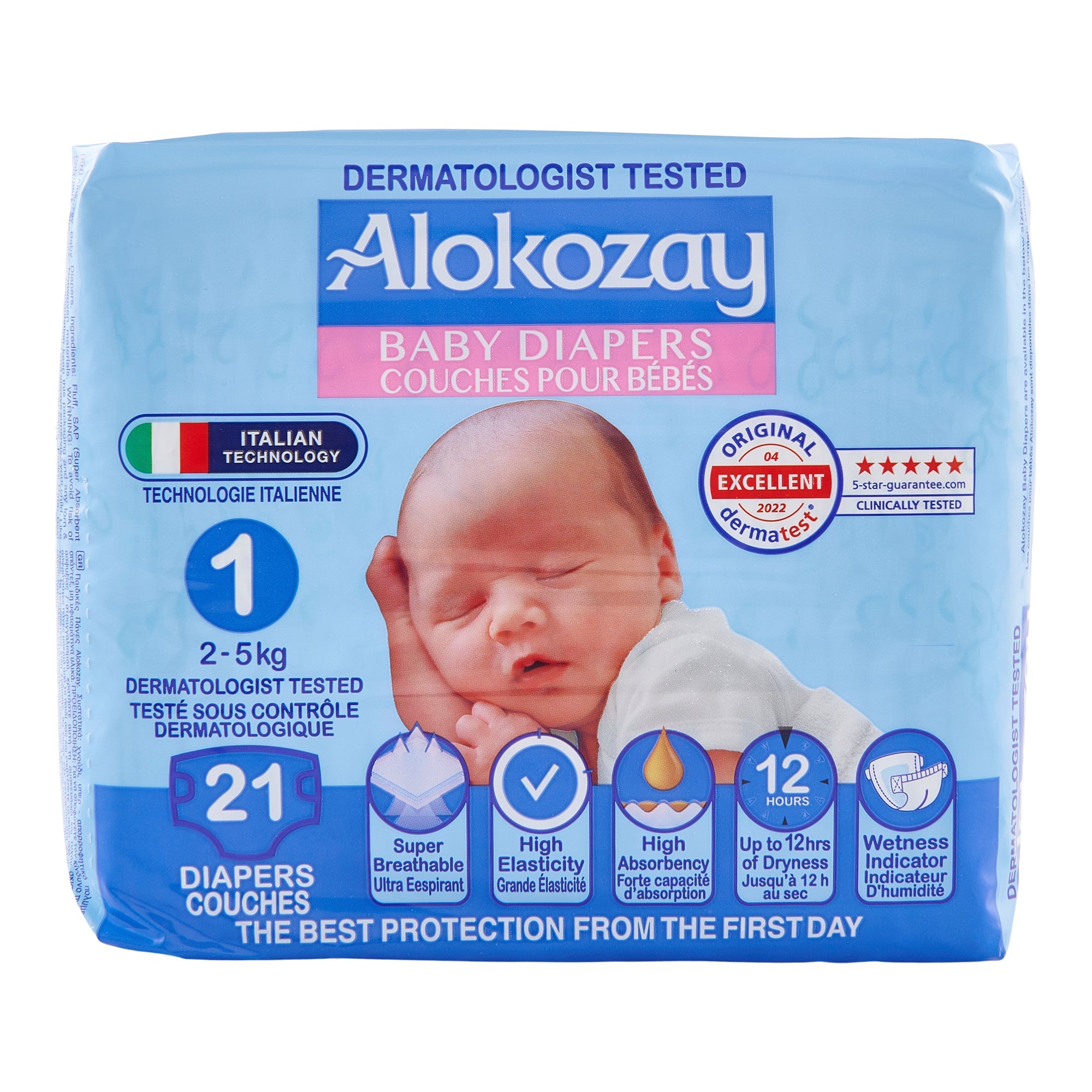 Couches pour bébés Alokozay, taille 1 (2 à 5 kg), emb. de 21