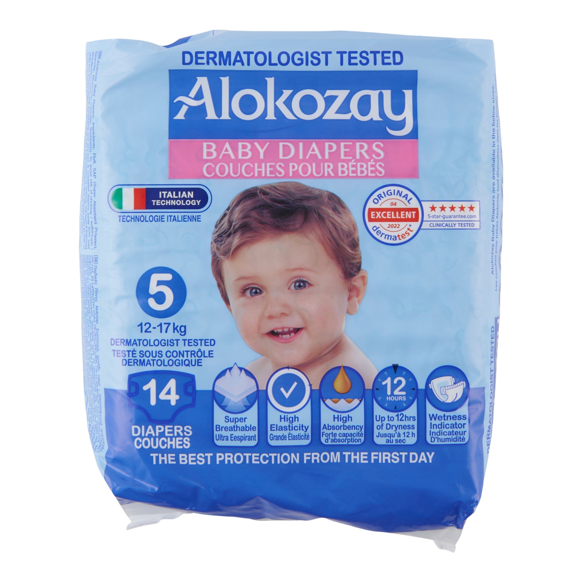 Couches pour bébés Alokozay, taille 5 (12 à 17 kg), emb. de 14
