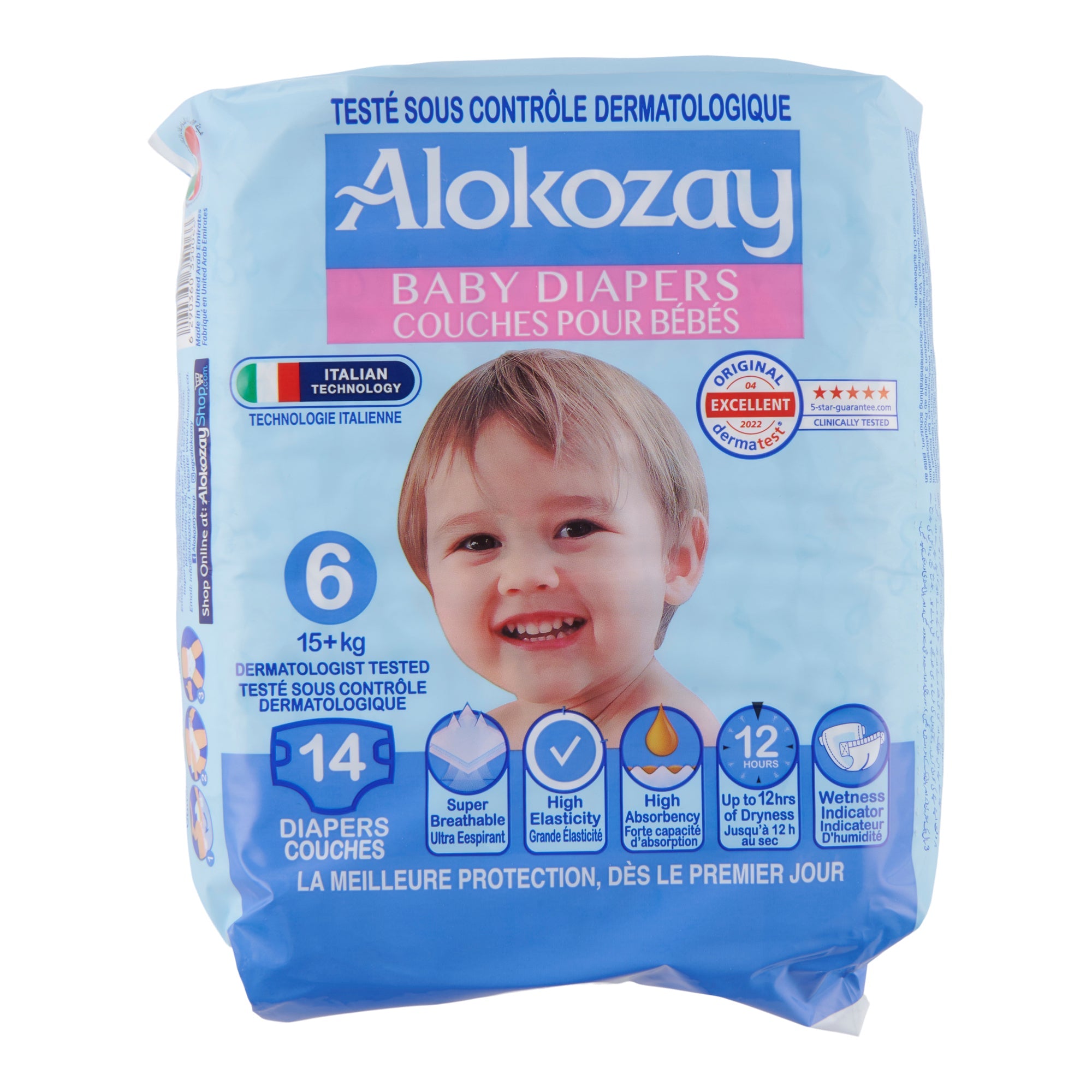Couches pour bébés Alokozay, taille 6 (15+ kg), emb. de 14