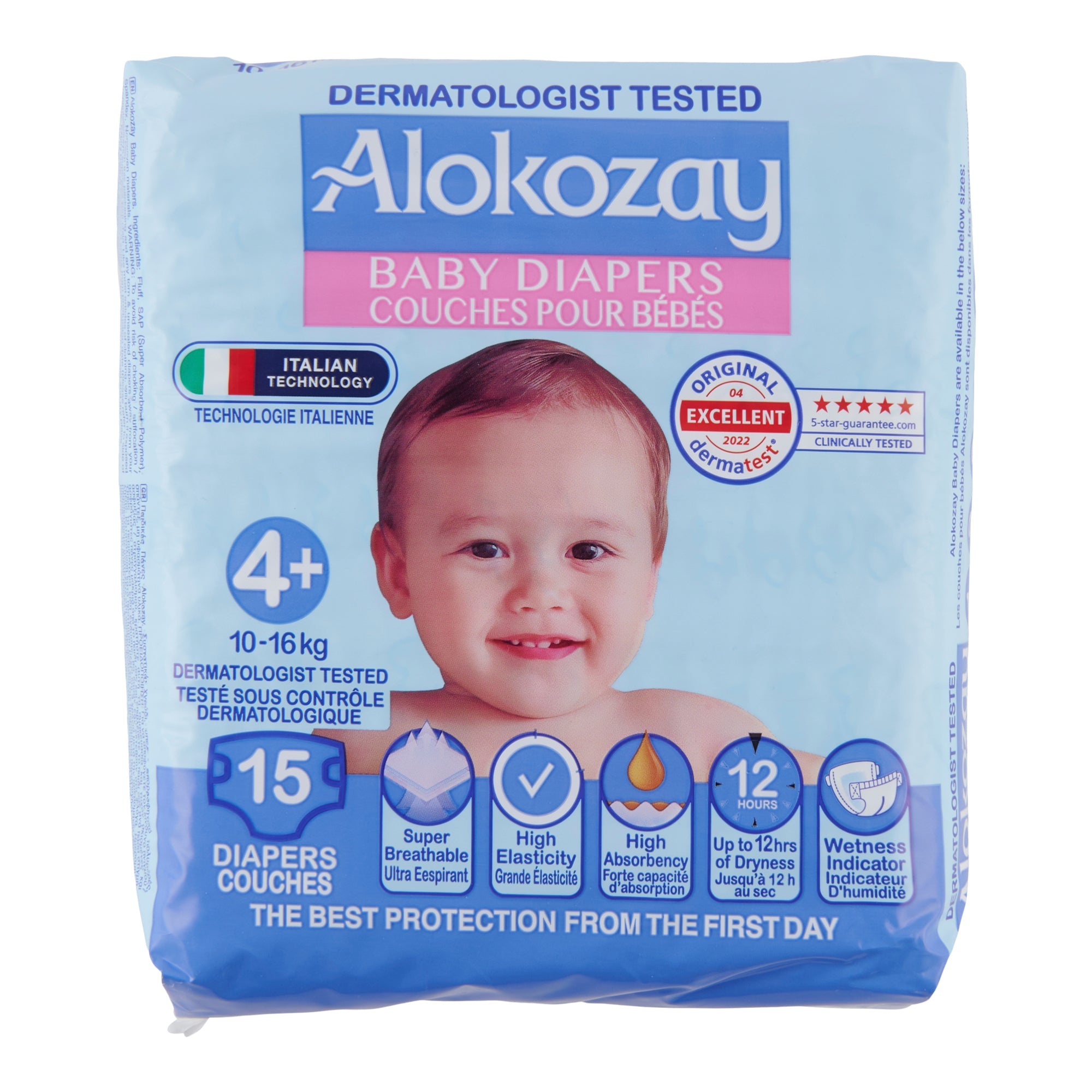 Couches pour bébés Alokozay, taille 4+ (10 à 16 kg), emb. de 15