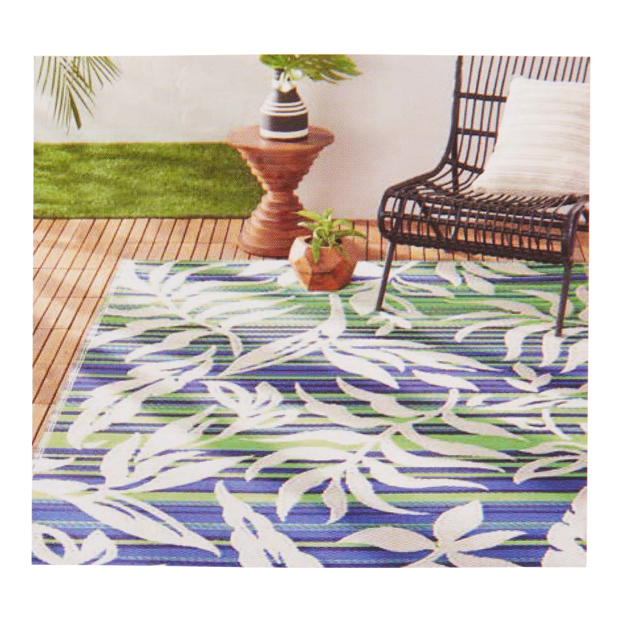 Outdoor Tropical Striped Rug, Blue/Green, 5-ft x 7-ft.