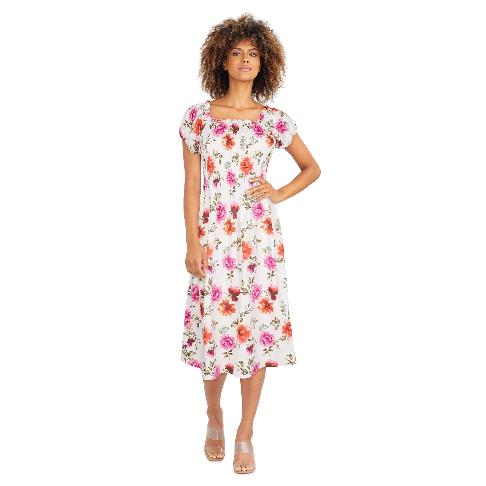 lily morgan Women's Smocked Poplin Midi Dress