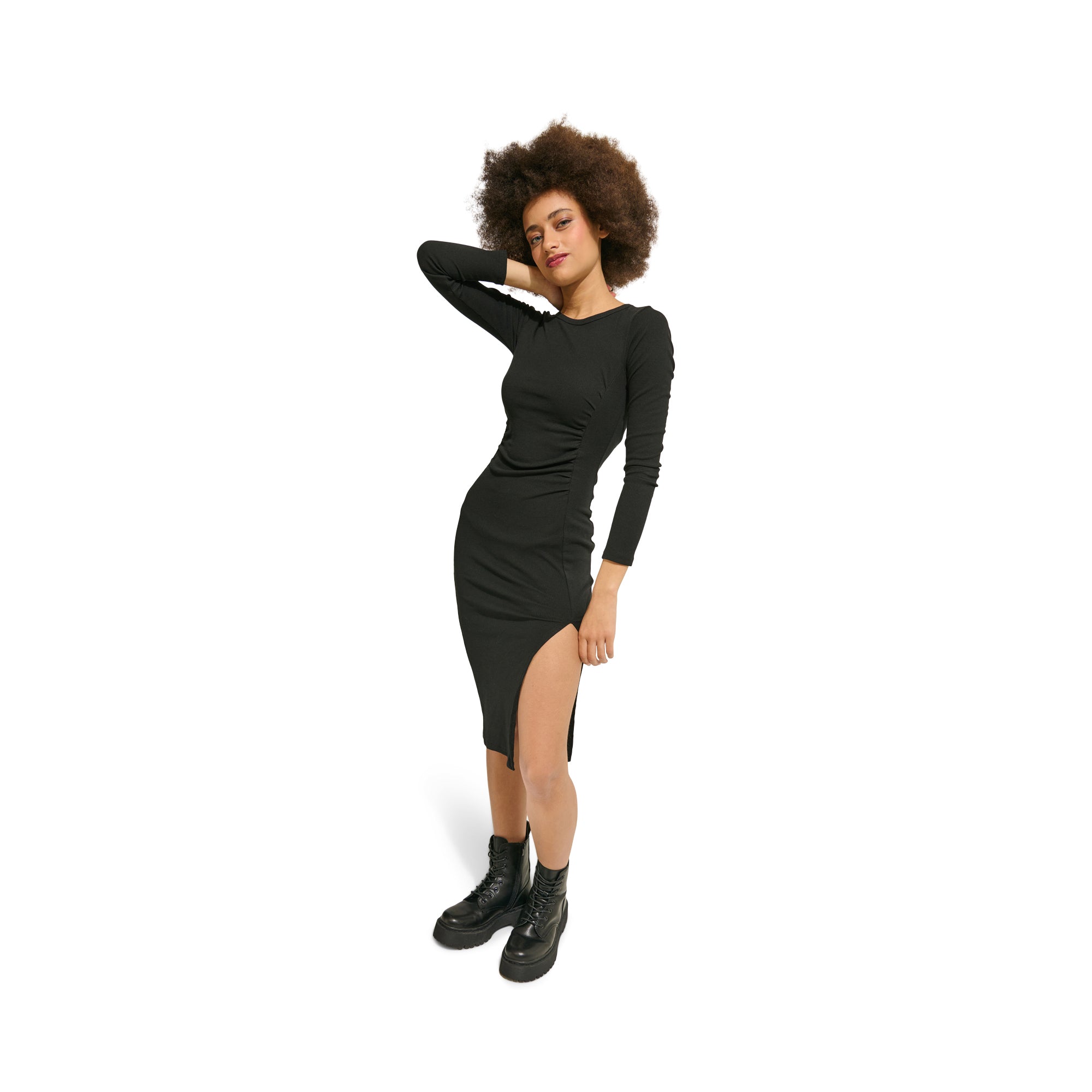 Women's Long Sleeve Side Slit Dress with Ruching