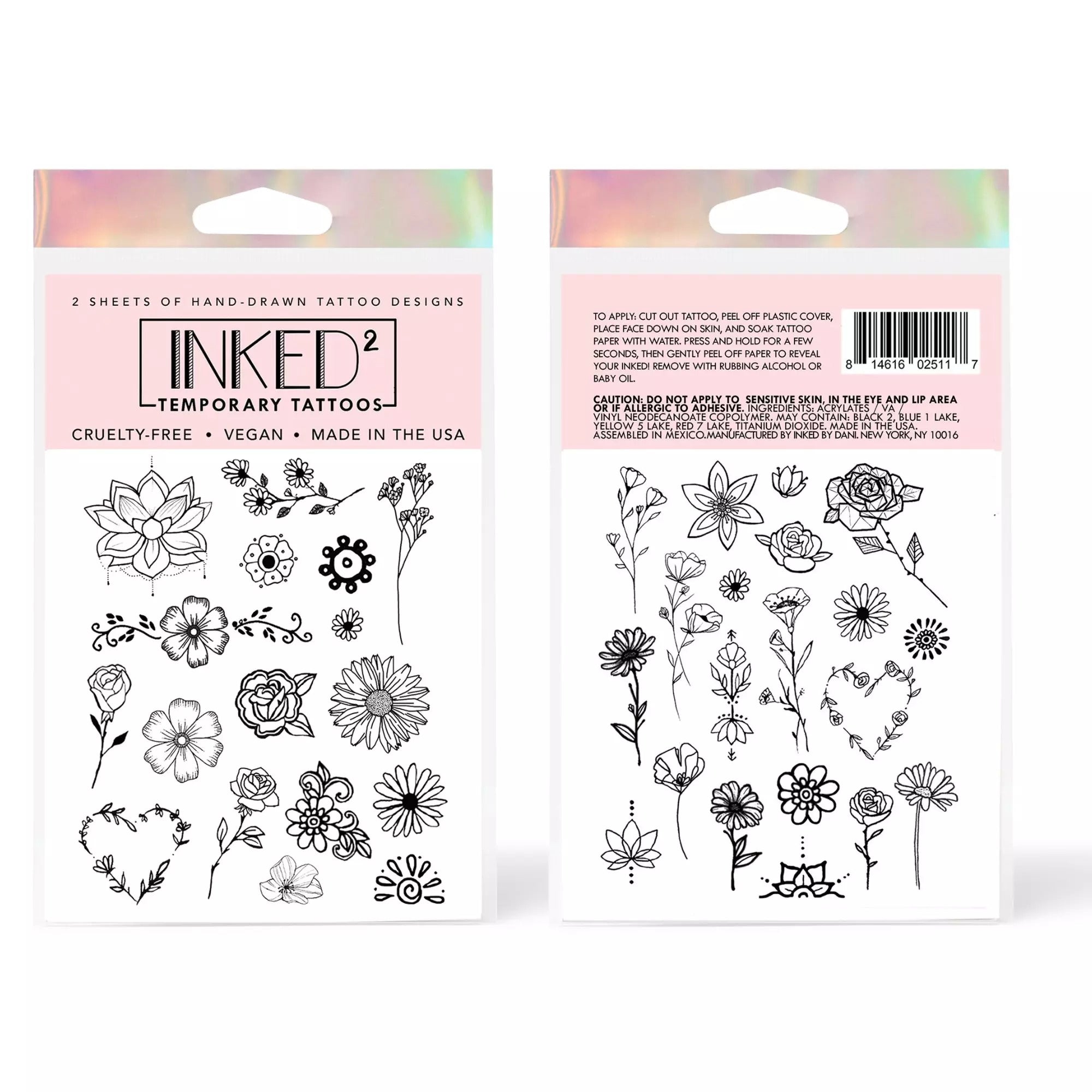 Inked2 Hand Drawn Temporary Tattoos, Floral Tats