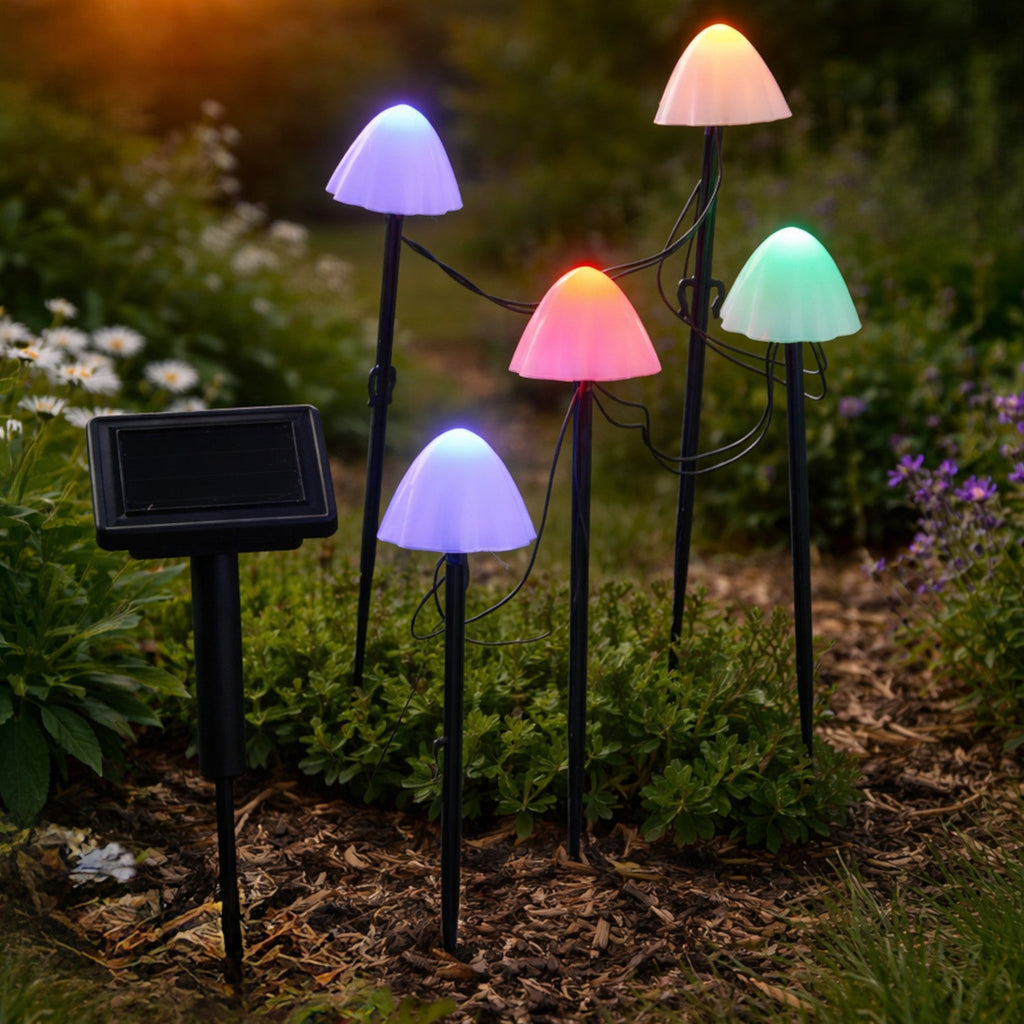 Solar LED Mushroom Stake Lights, 8-in, 5 Pack