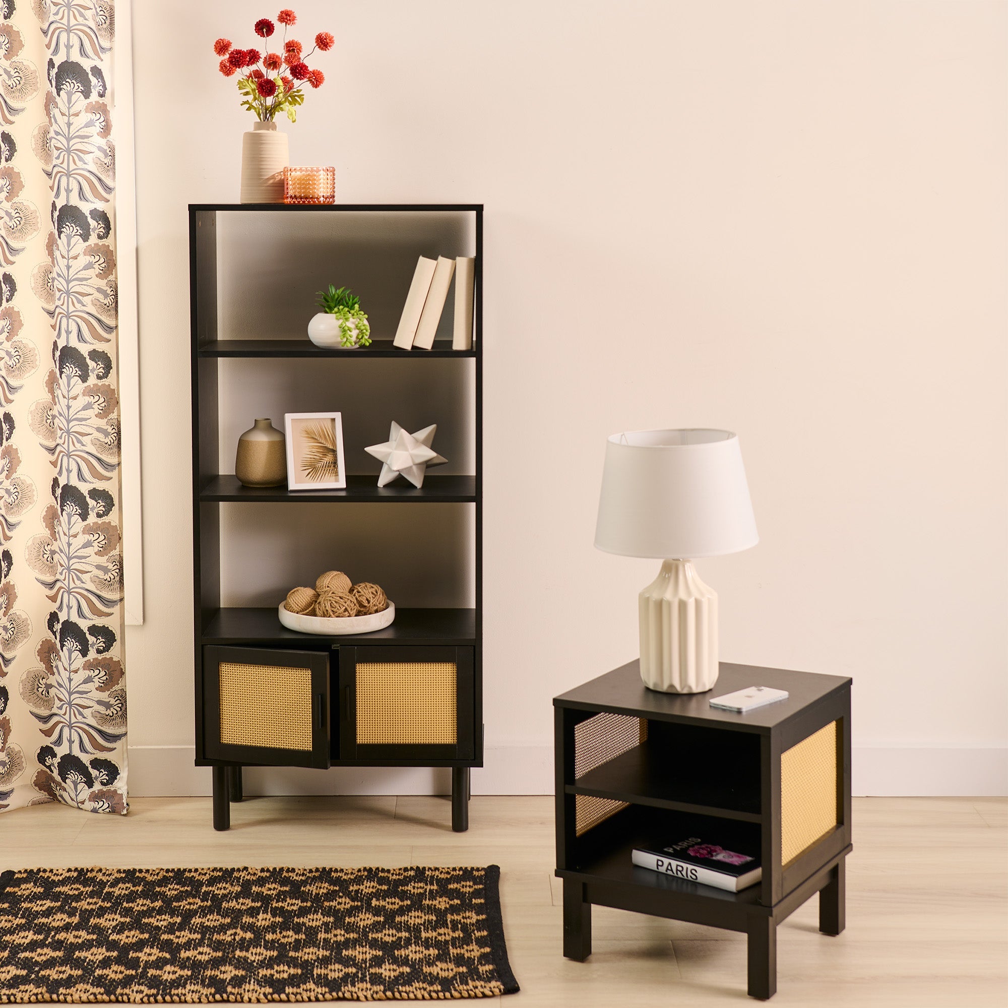 HomeStyles Rattan Side Table, Black, 15.7-in x 15.7-in x 19-in.
