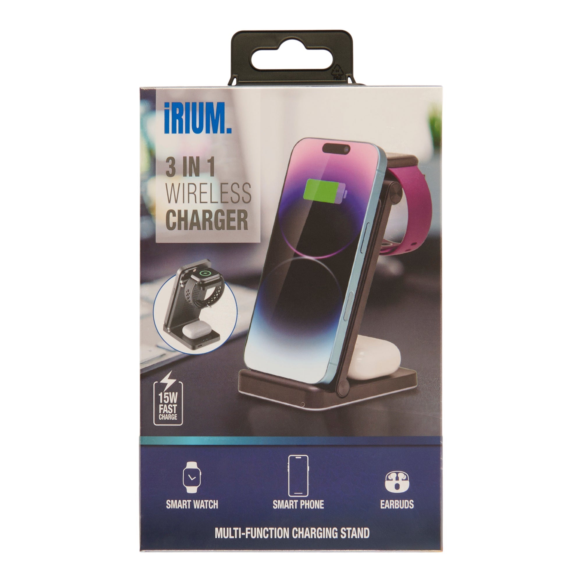 Chargeur sans fil 3‑en‑1, noir, 6 po x 3 po