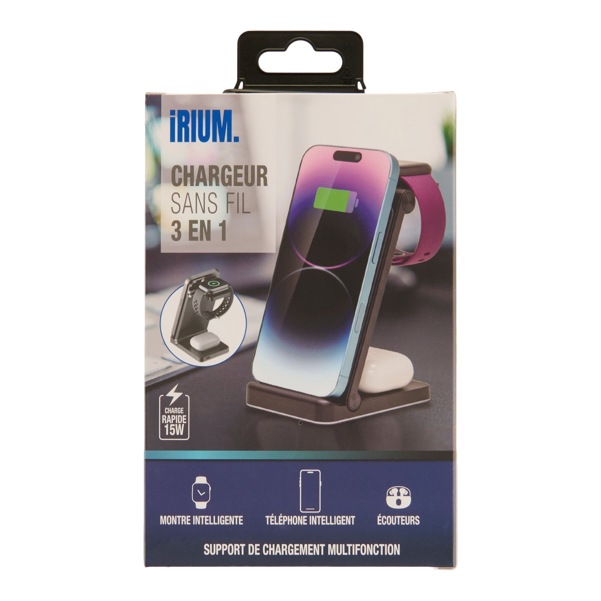 Chargeur sans fil 3‑en‑1, noir, 6 po x 3 po