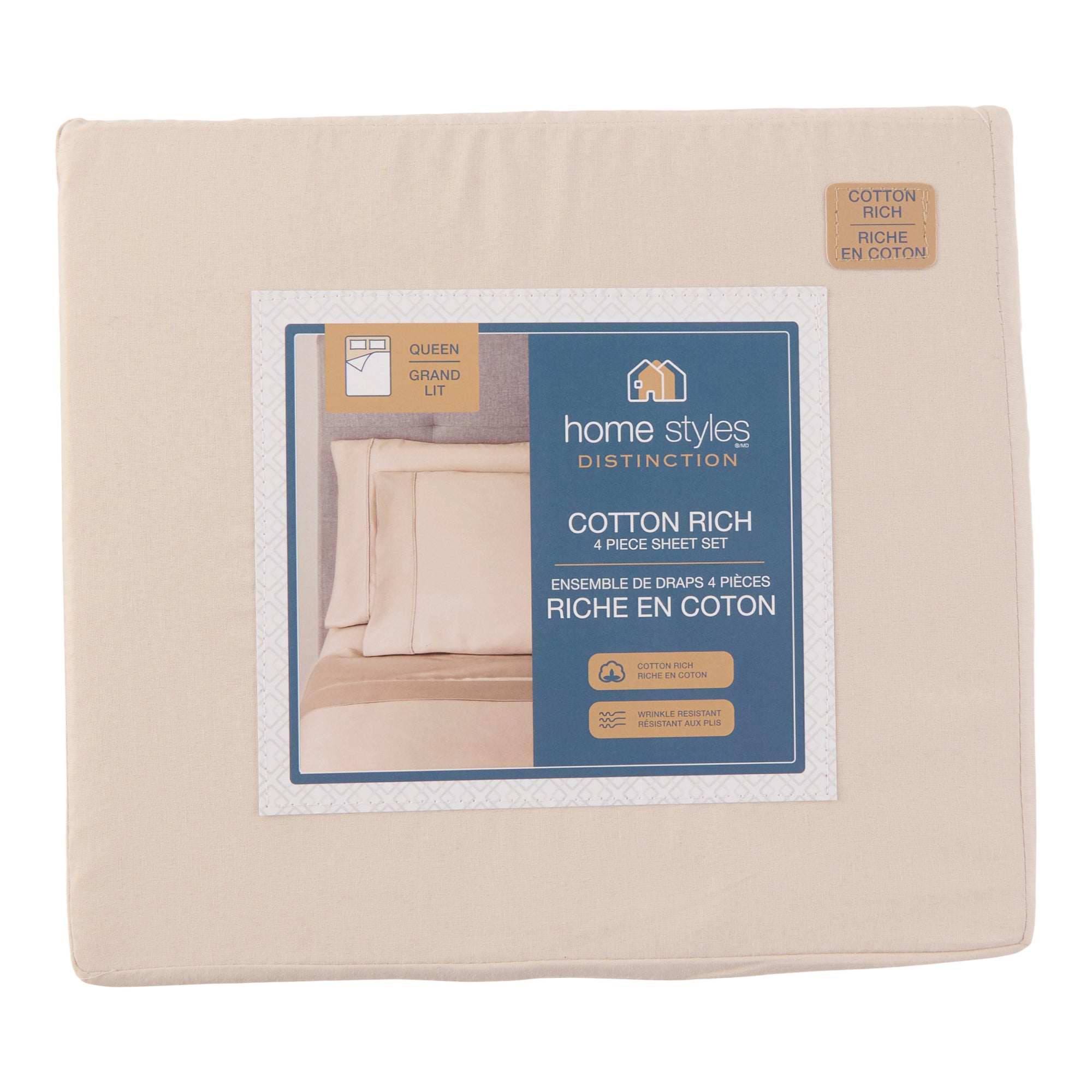 HomeStyles Cotton Rich Sheet Set, Queen, Beige, 4 Piece