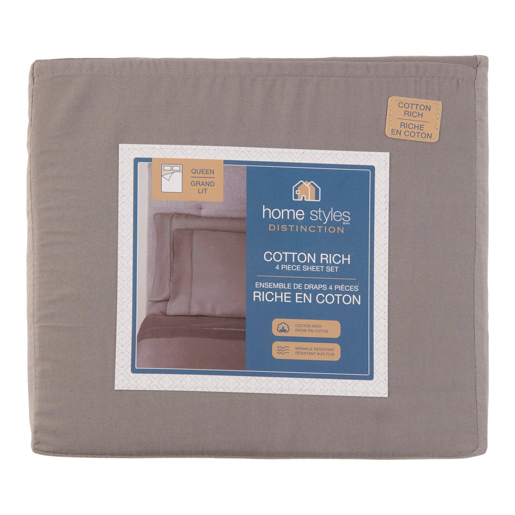 HomeStyles Cotton Rich Sheet Set, Queen, Steel Grey, 4 Piece