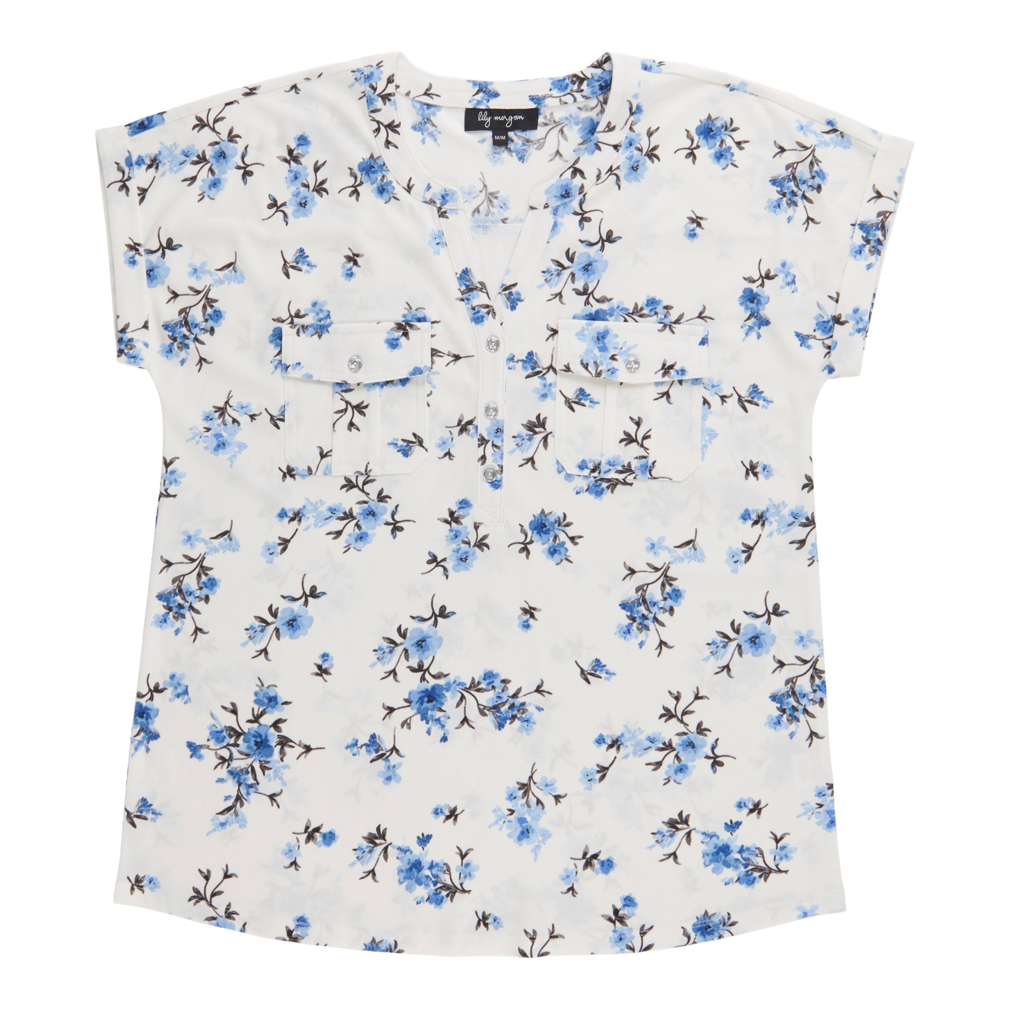 lily morgan Women's Printed Top with Pleated Pockets