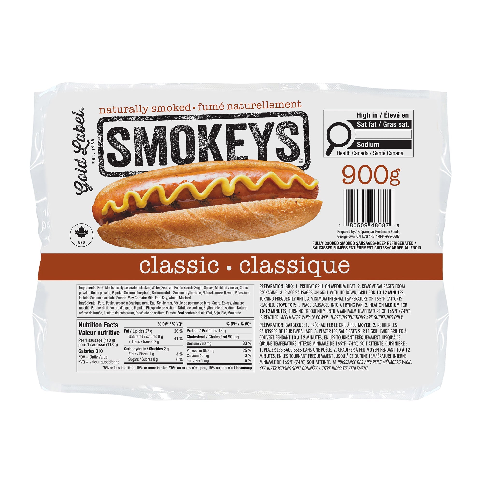 Gold Label Smokey's Original Sausage Stadium Size, 4-Pack