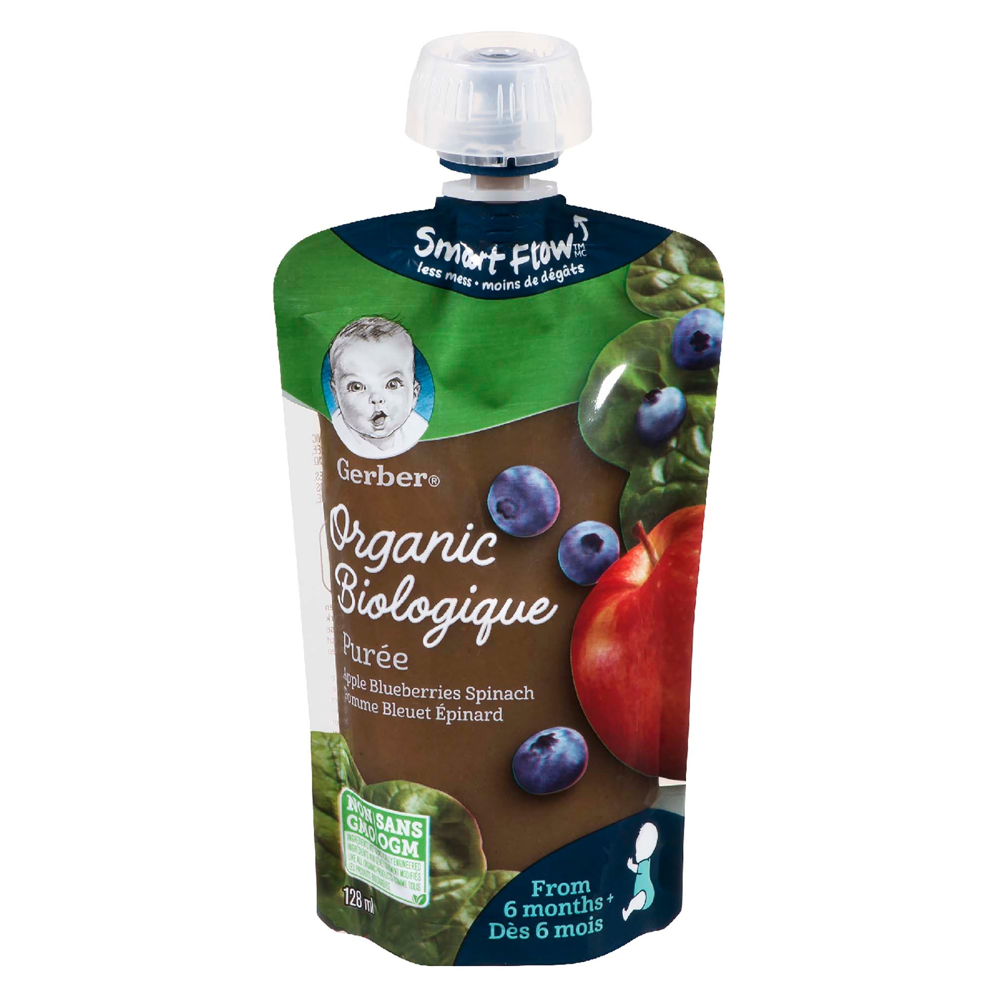 Purée biologique pour bébé Gerber, pommes, bleuets sauvages et épinards - 128 mL