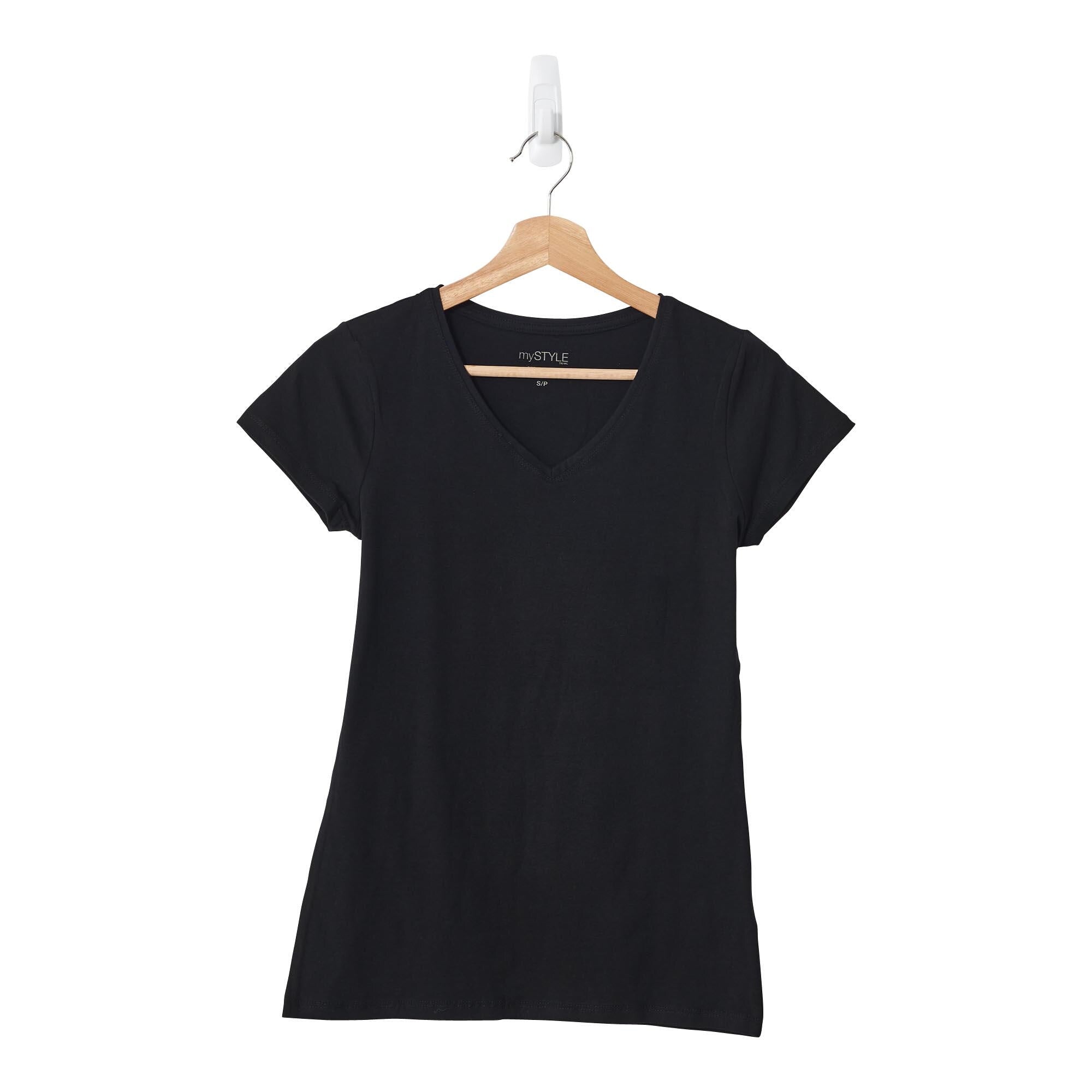 mySTYLE Women's Short Sleeve Stretch V-Neck T-Shirt, Black
